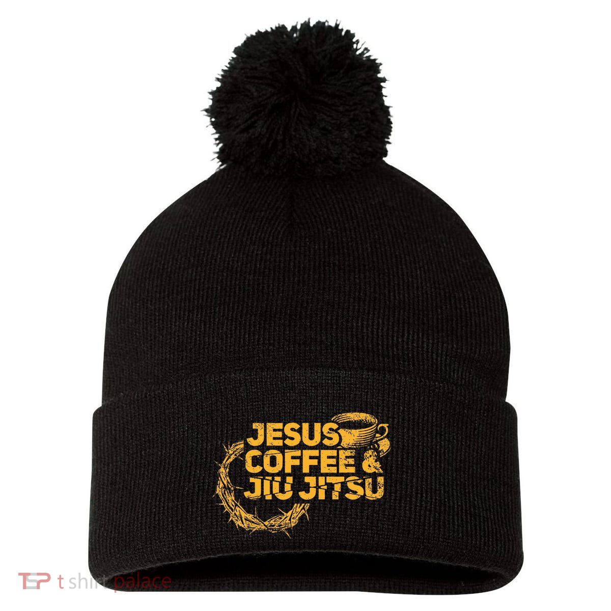 Jesus Jiu Jitsu & Coffee For Christian Martial Arts Fan Pom Pom 12in Knit Beanie