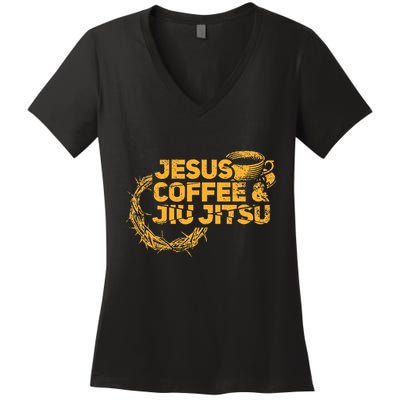 Jesus Jiu Jitsu & Coffee For Christian Martial Arts Fan Women's V-Neck T-Shirt