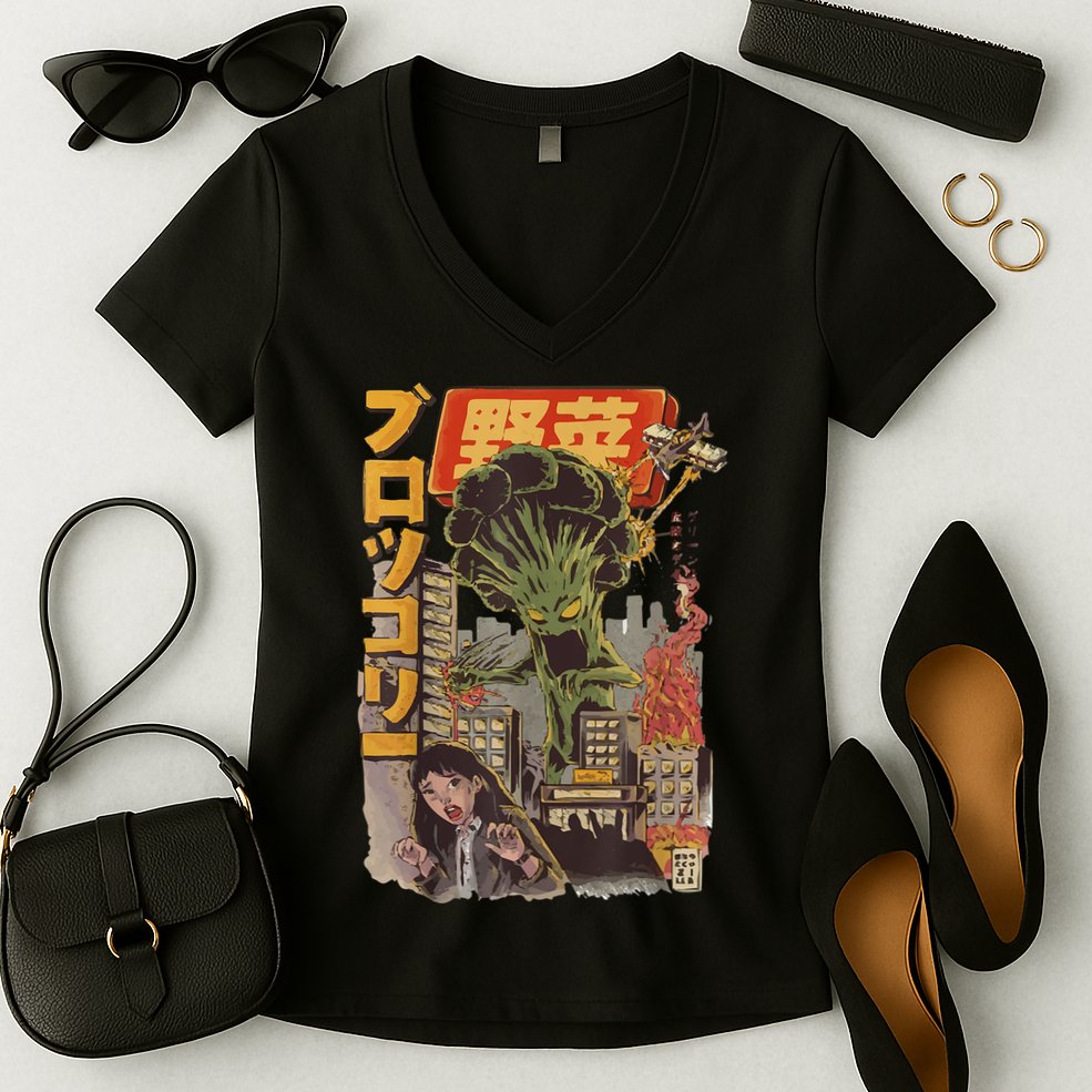 Japanese Japan Kaiju Vegetable Broccoli Anime Women's V-Neck T-Shirt