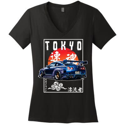 Jdm Japanese Streetwear Tokyo R34 Car Drift Car Lovers Women's V-Neck T-Shirt