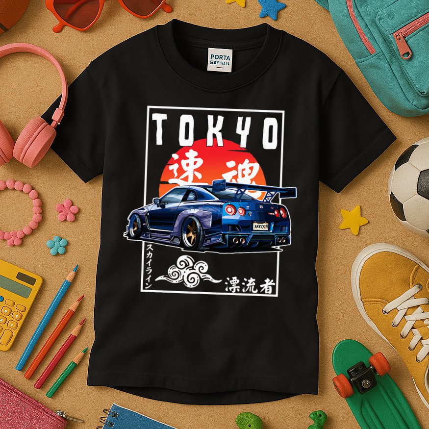 Jdm Japanese Streetwear Tokyo R34 Car Drift Car Lovers Kids T-Shirt