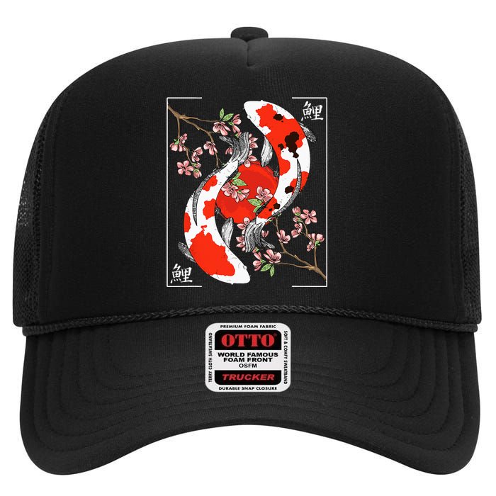 Japanese Koi Carp Fish Nishikigoi Aesthetic Cherry Blossom High Crown Mesh Back Trucker Hat