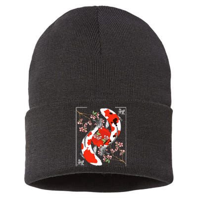 Japanese Koi Carp Fish Nishikigoi Aesthetic Cherry Blossom Sustainable Knit Beanie