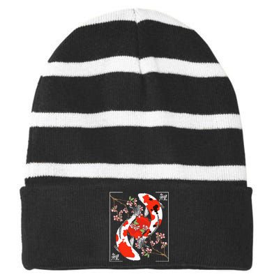 Japanese Koi Carp Fish Nishikigoi Aesthetic Cherry Blossom Striped Beanie with Solid Band