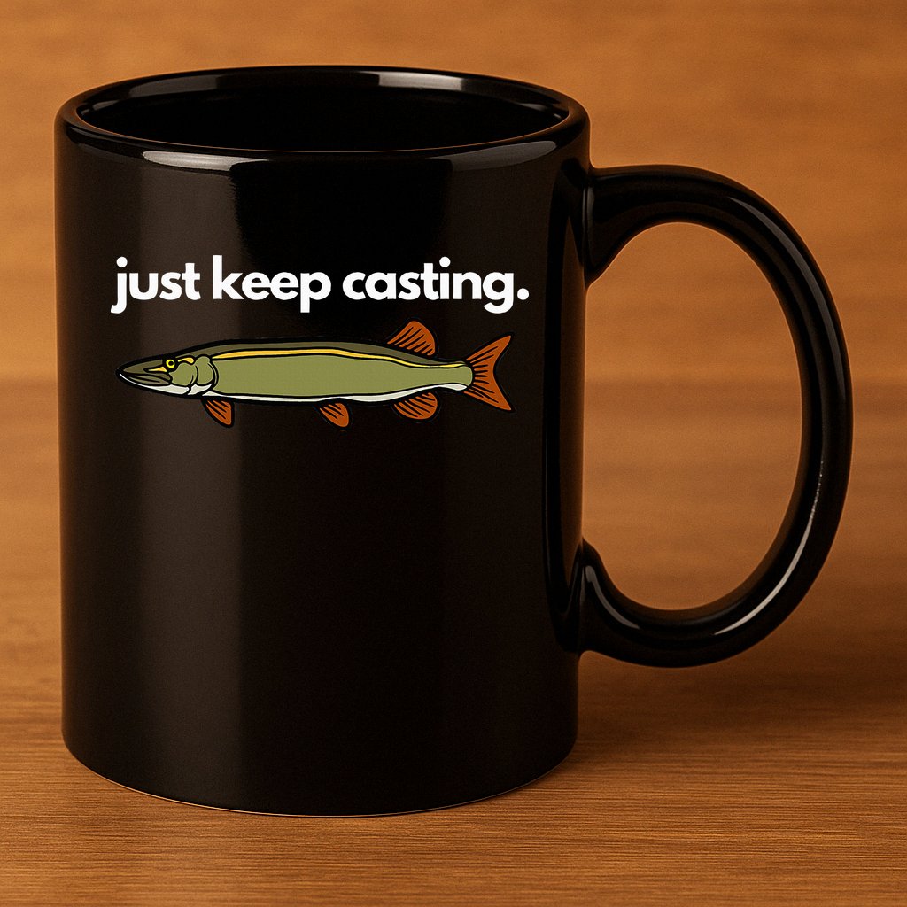 Just Keep Casting Musky Fishing 11oz C Handle Ceramic Mug