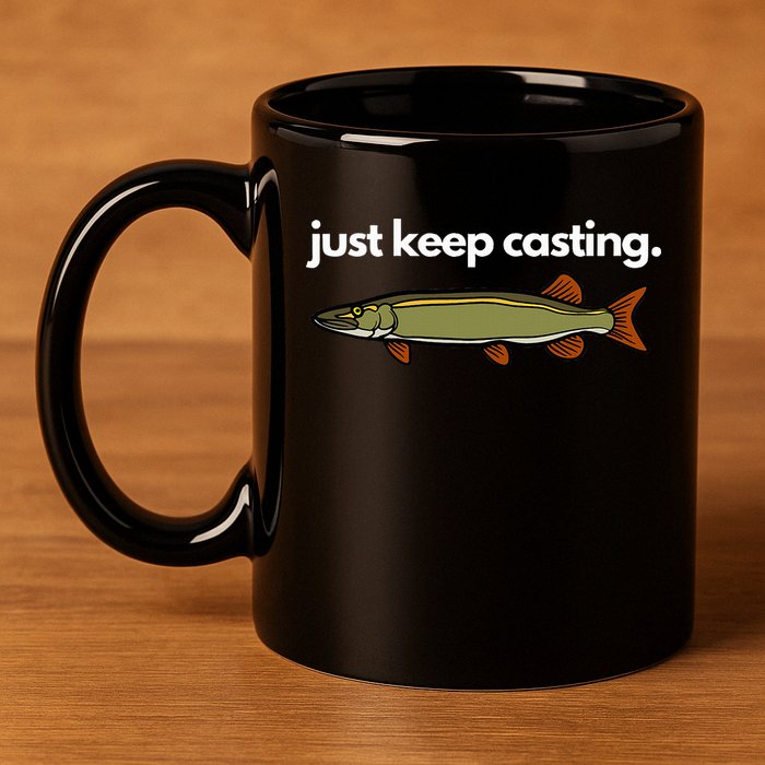 Just Keep Casting Musky Fishing 11oz C Handle Ceramic Mug