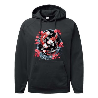 Japanese Koi Carp Ying Yang Nishikigoi Fish Cherry Blossom Performance Fleece Hoodie