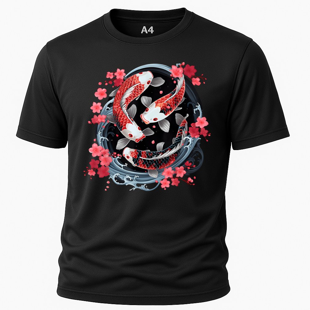 Japanese Koi Carp Ying Yang Nishikigoi Fish Cherry Blossom Cooling Performance Crew T-Shirt