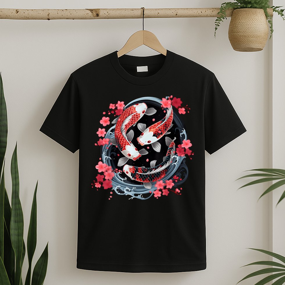 Japanese Koi Carp Ying Yang Nishikigoi Fish Cherry Blossom T-Shirt