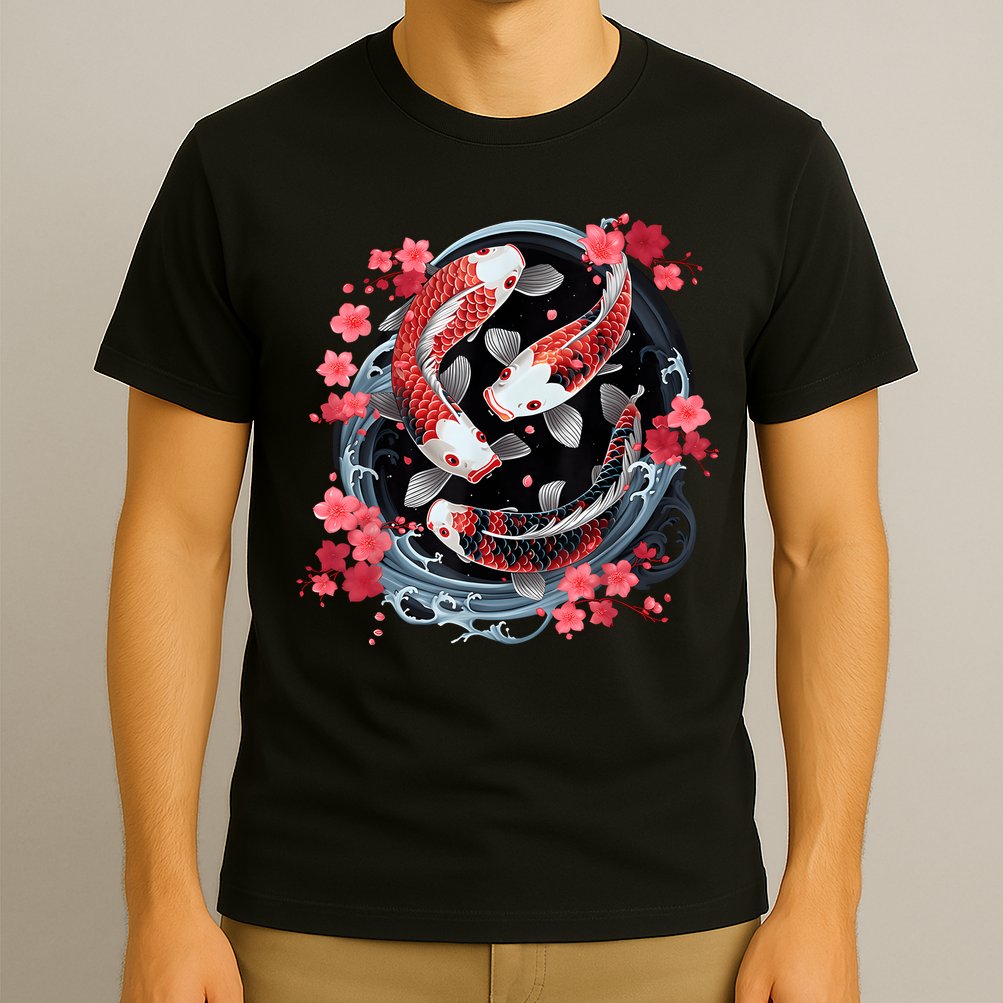 Japanese Koi Carp Ying Yang Nishikigoi Fish Cherry Blossom T-Shirt