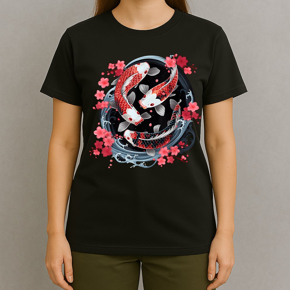 Japanese Koi Carp Ying Yang Nishikigoi Fish Cherry Blossom T-Shirt