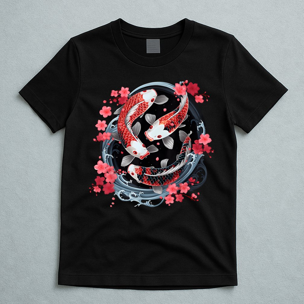 Japanese Koi Carp Ying Yang Nishikigoi Fish Cherry Blossom T-Shirt
