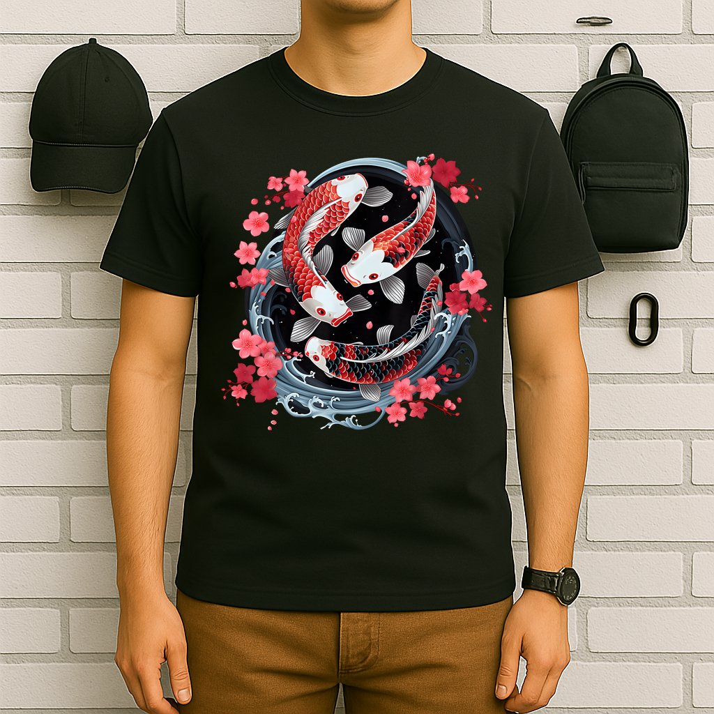 Japanese Koi Carp Ying Yang Nishikigoi Fish Cherry Blossom T-Shirt