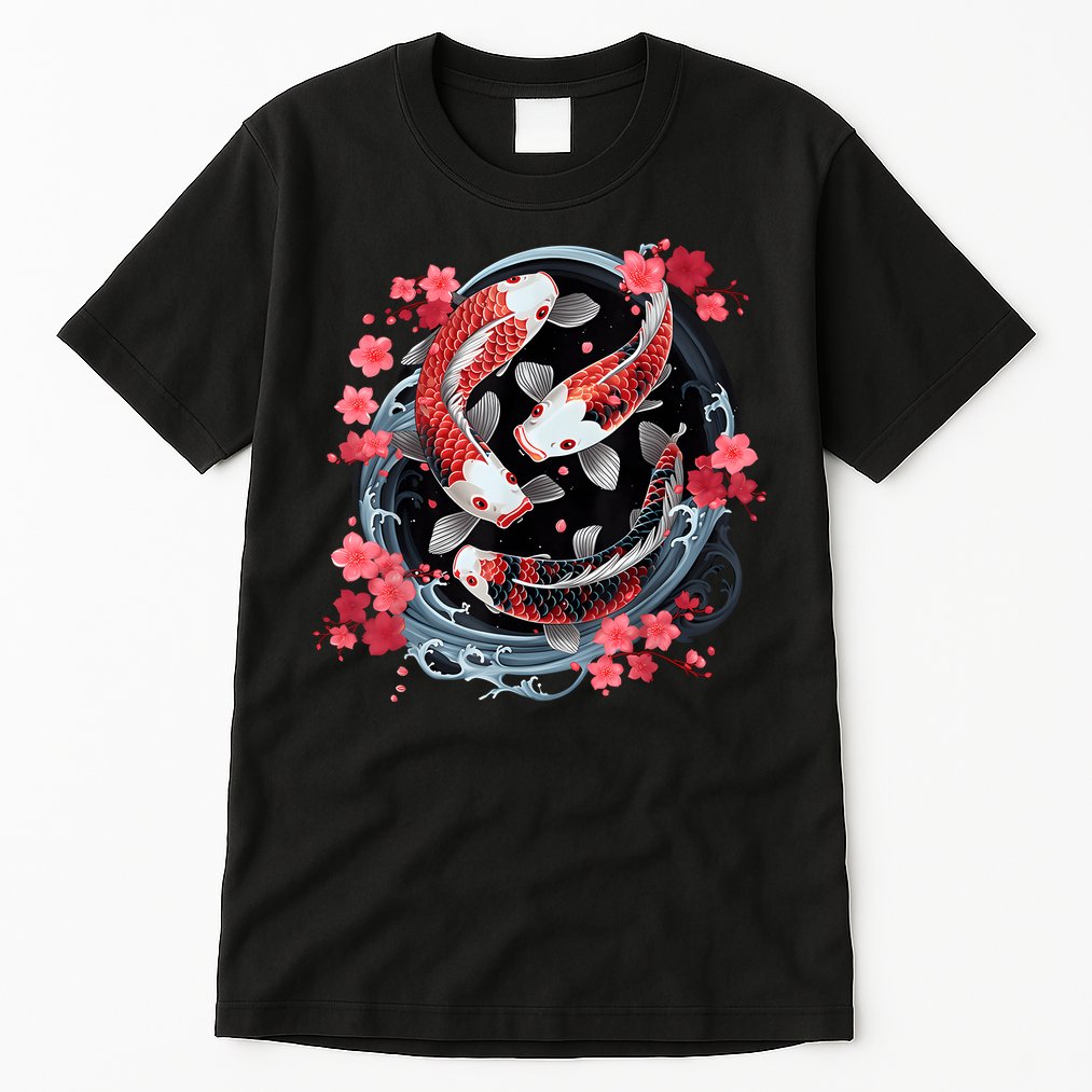 Japanese Koi Carp Ying Yang Nishikigoi Fish Cherry Blossom Tall T-Shirt
