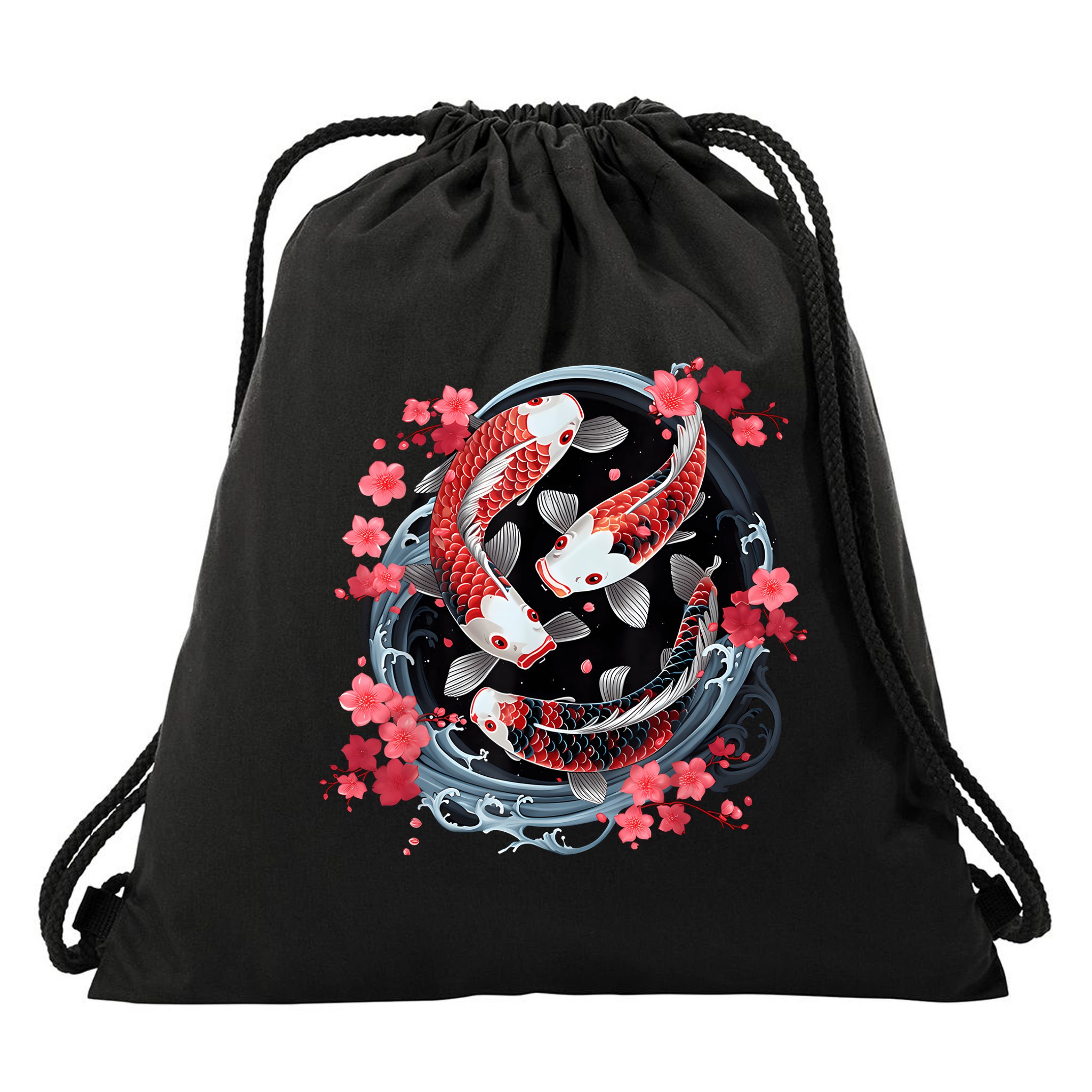 Japanese Koi Carp Ying Yang Nishikigoi Fish Cherry Blossom Drawstring Bag