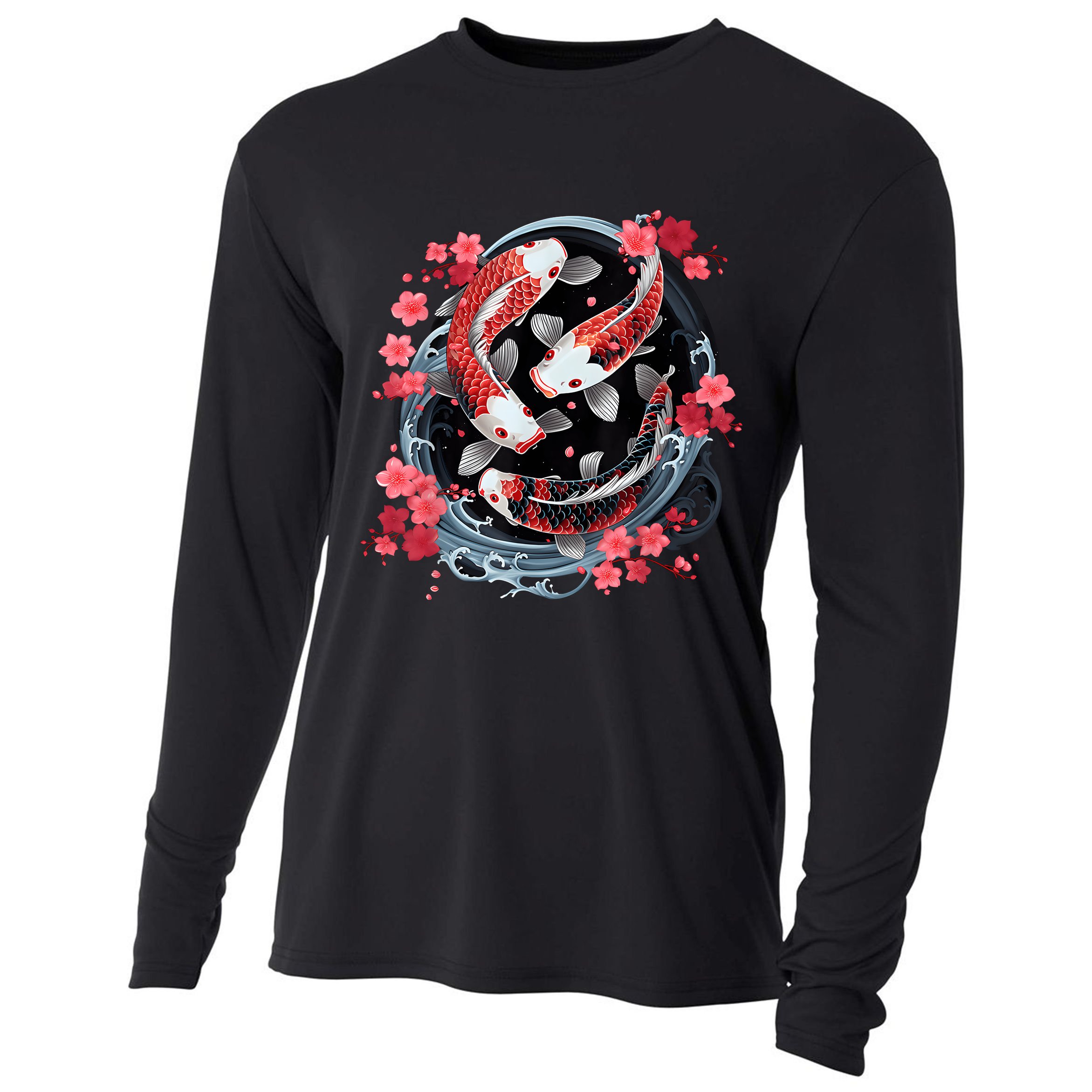 Japanese Koi Carp Ying Yang Nishikigoi Fish Cherry Blossom Cooling Performance Long Sleeve Crew