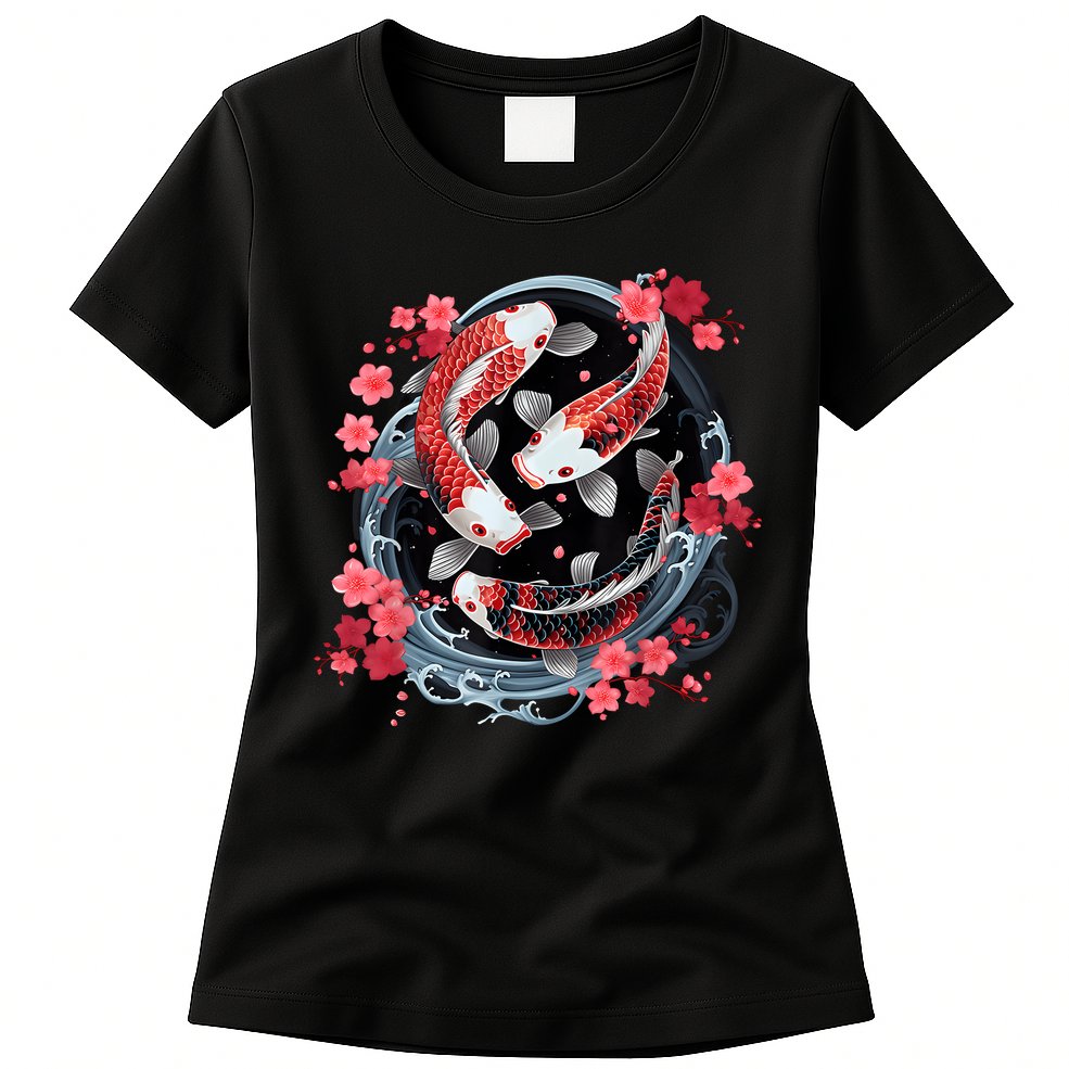 Japanese Koi Carp Ying Yang Nishikigoi Fish Cherry Blossom Womens T-Shirt