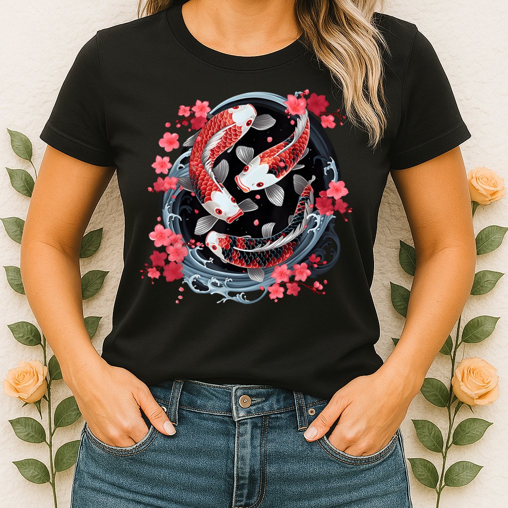 Japanese Koi Carp Ying Yang Nishikigoi Fish Cherry Blossom Womens T-Shirt