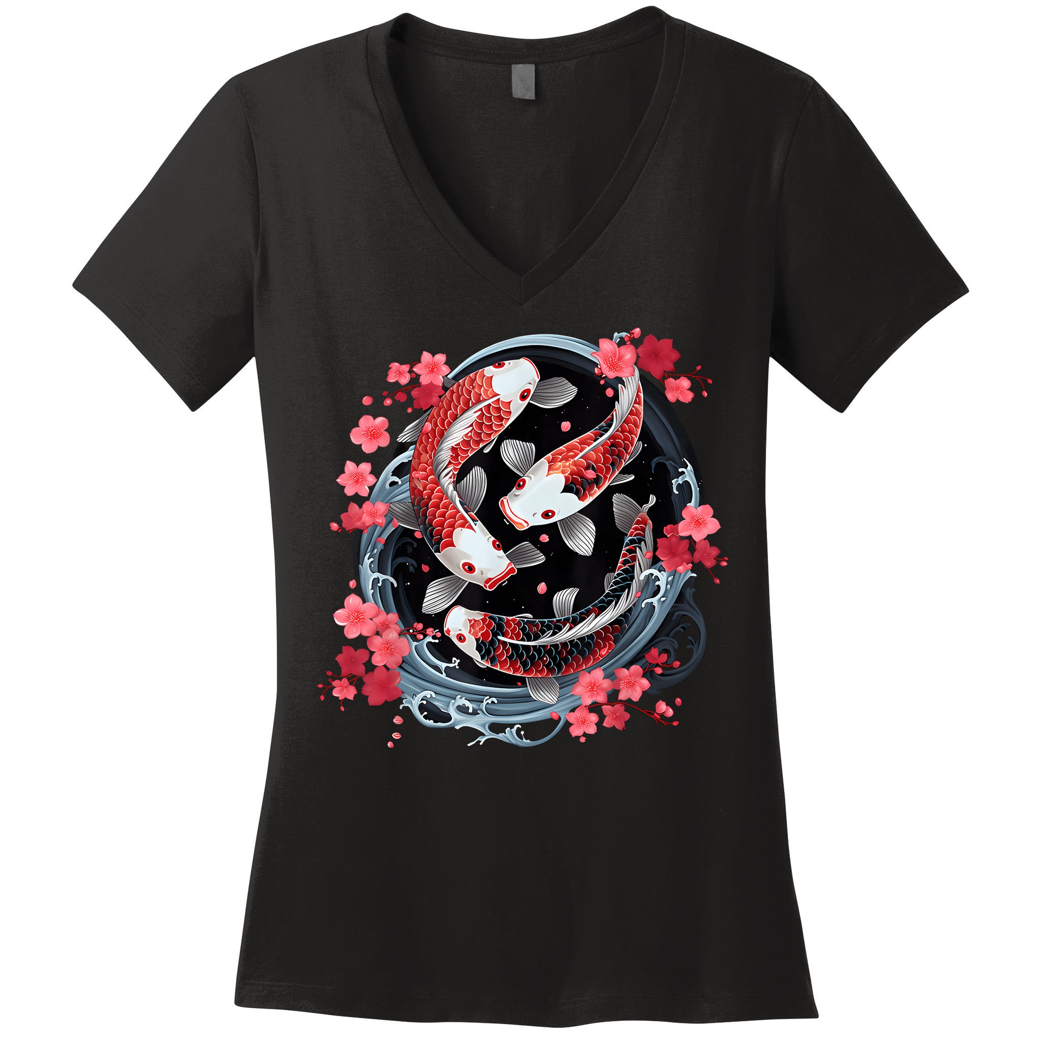 Japanese Koi Carp Ying Yang Nishikigoi Fish Cherry Blossom Women's V-Neck T-Shirt