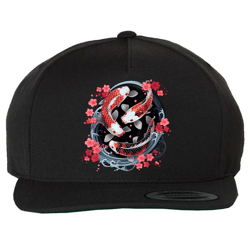 Japanese Koi Carp Ying Yang Nishikigoi Fish Cherry Blossom Wool Snapback Cap