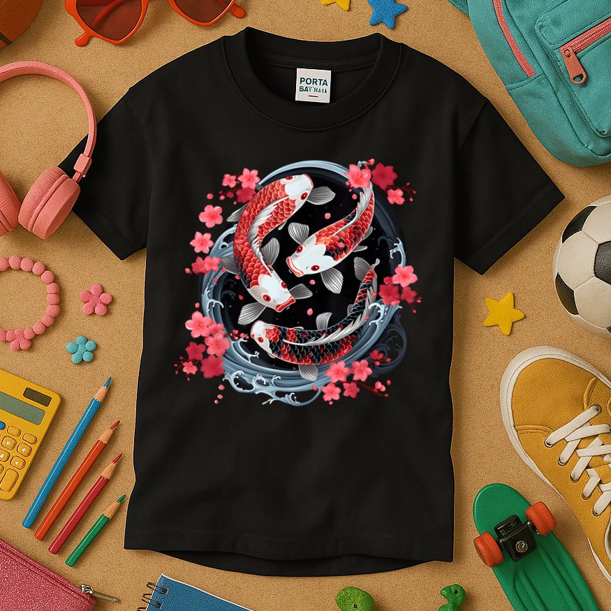 Japanese Koi Carp Ying Yang Nishikigoi Fish Cherry Blossom Kids T-Shirt