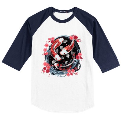 Japanese Koi Carp Ying Yang Nishikigoi Fish Cherry Blossom Baseball Sleeve Shirt