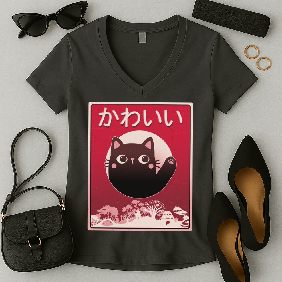 Japanese Kawaii Cute Neko Cat Women's V-Neck T-Shirt