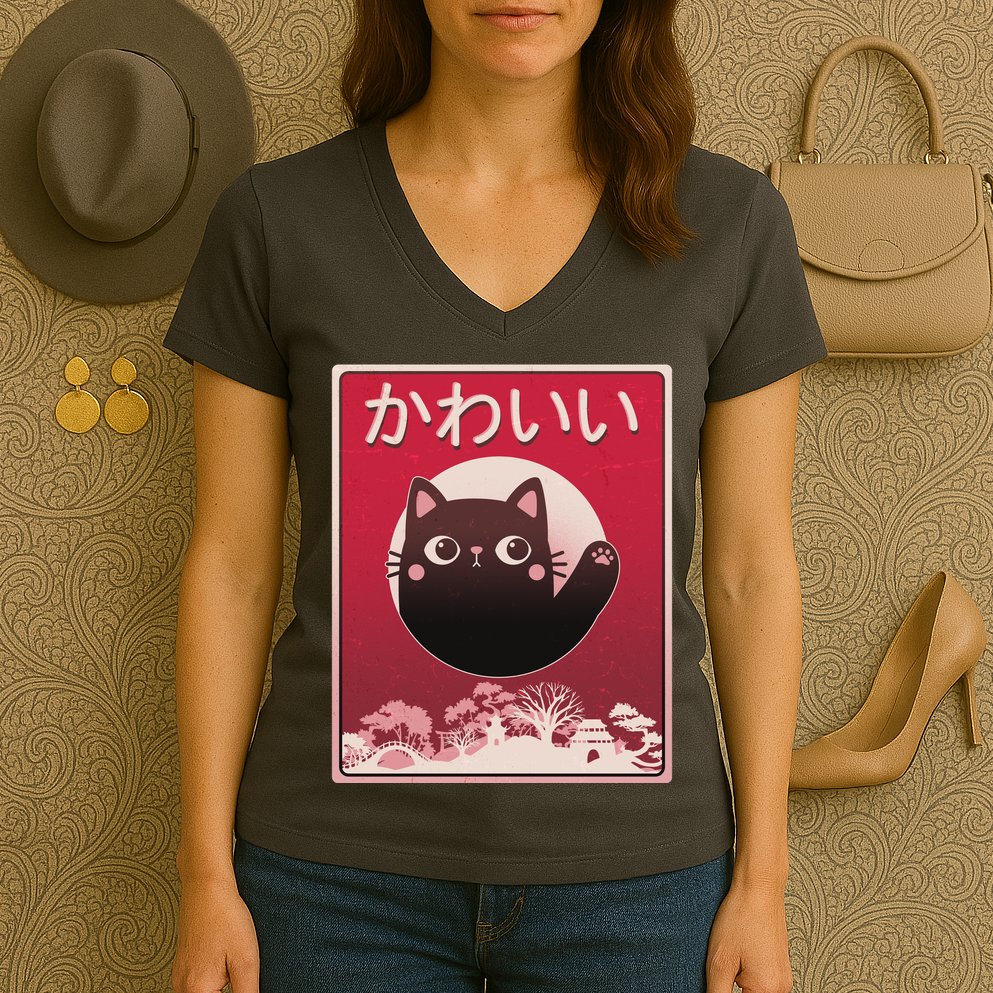 Japanese Kawaii Cute Neko Cat Women's V-Neck T-Shirt