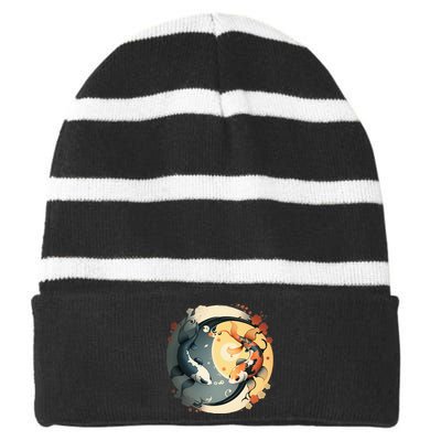 Japanese Koi Fish Yin Yang Striped Beanie with Solid Band