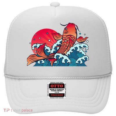 Japanese Koi Fish Breaching The Water Sunset High Crown Mesh Back Trucker Hat