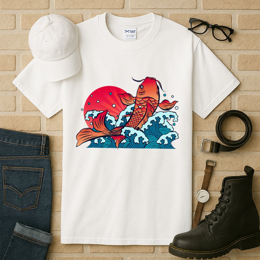 Japanese Koi Fish Breaching The Water Sunset Tall T-Shirt