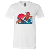 Japanese Koi Fish Breaching The Water Sunset V-Neck T-Shirt