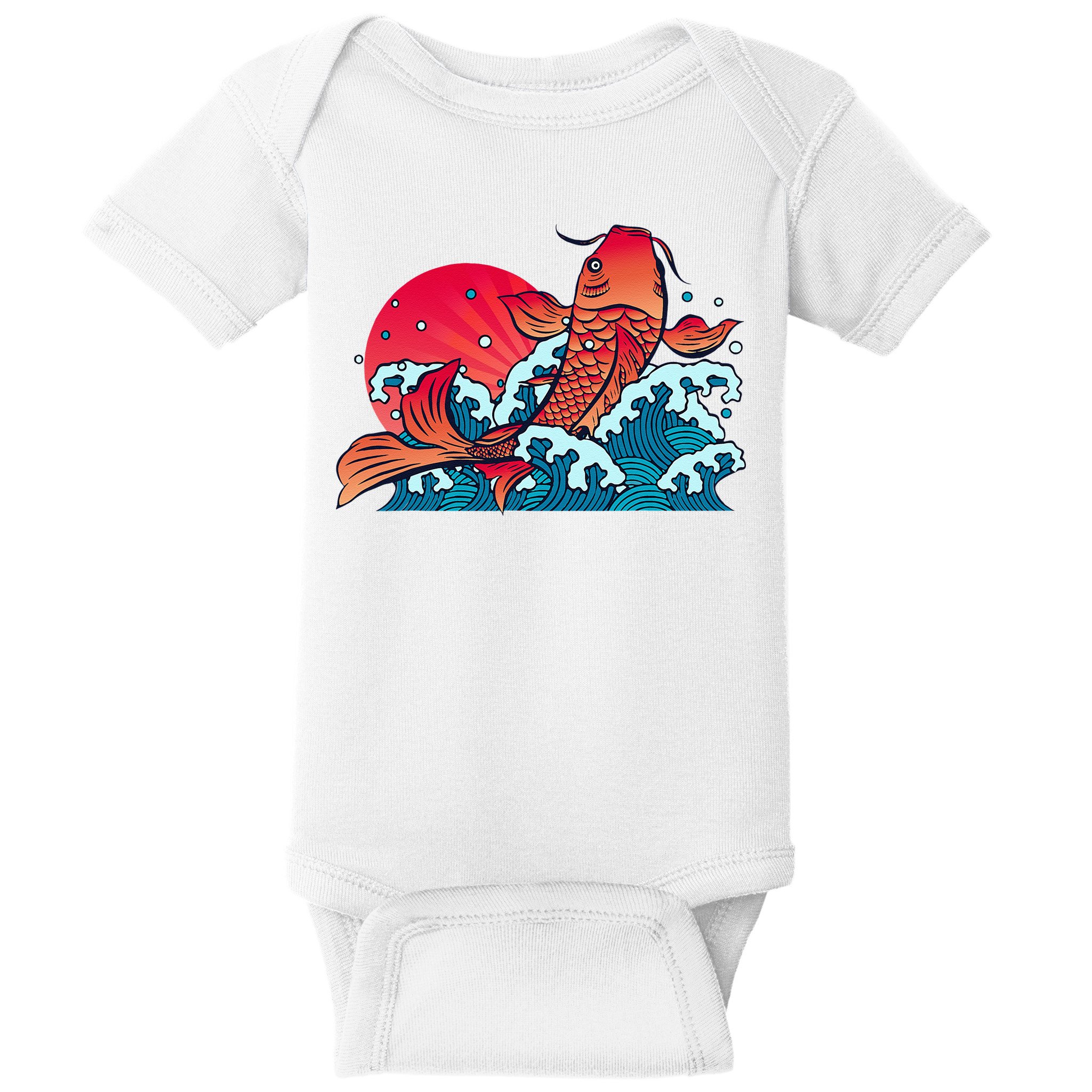 Japanese Koi Fish Breaching The Water Sunset Baby Bodysuit