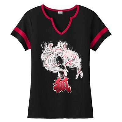 Japanese Kitsune Fox Brush Art Ladies Halftime Notch Neck Tee