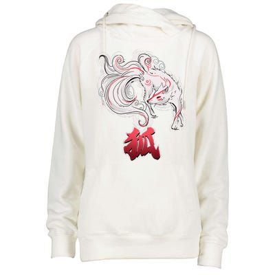 Japanese Kitsune Fox Brush Art Womens Funnel Neck Pullover Hood