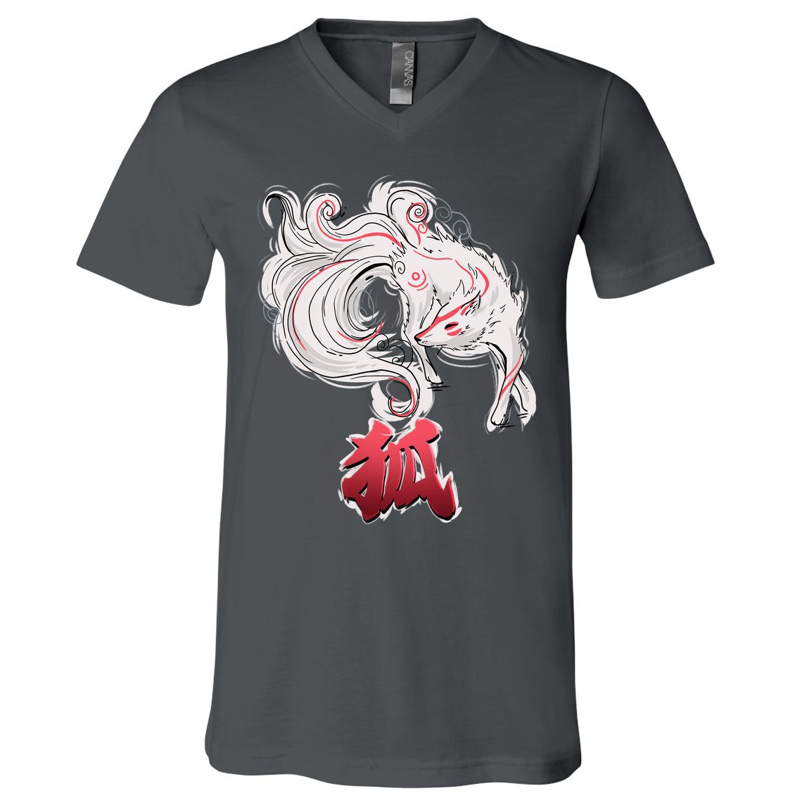Japanese Kitsune Fox Brush Art V-Neck T-Shirt