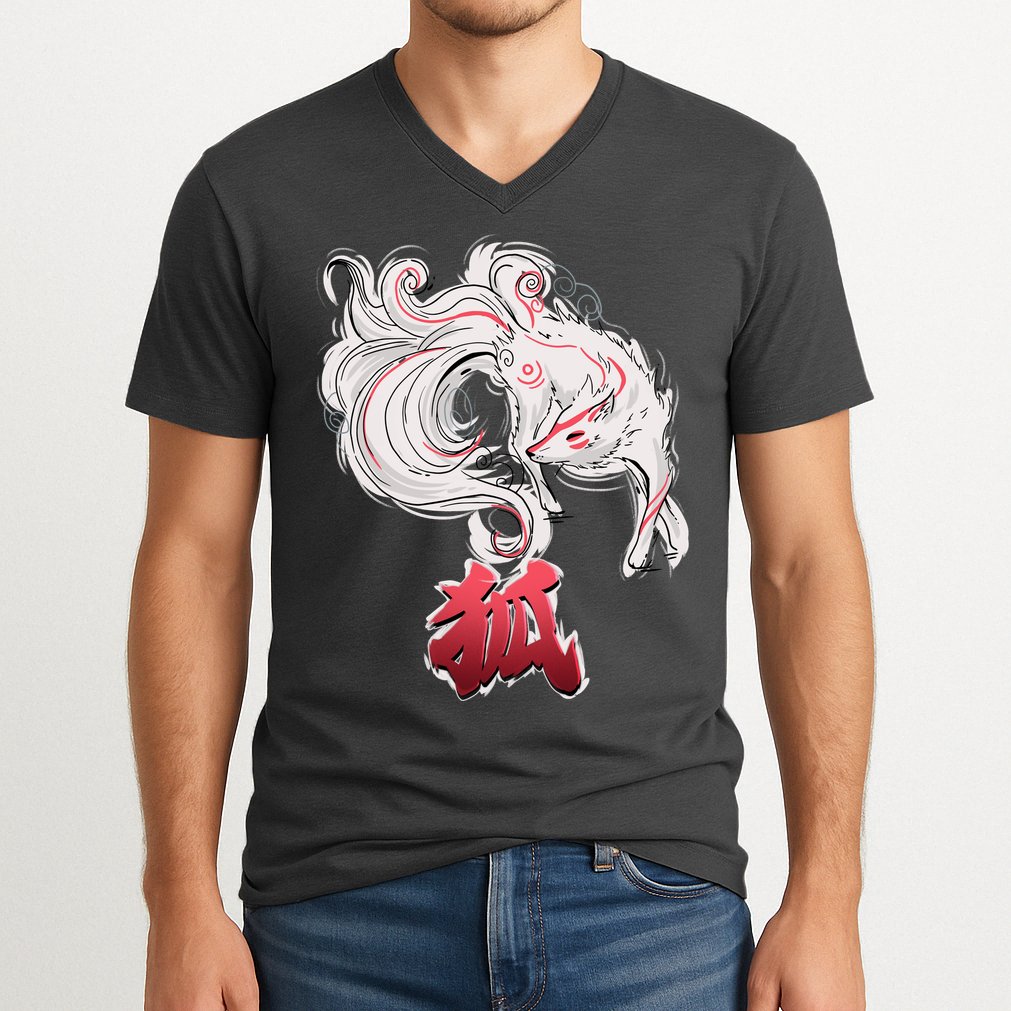 Japanese Kitsune Fox Brush Art V-Neck T-Shirt