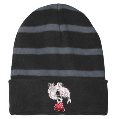 Japanese Kitsune Fox Brush Art Striped Beanie with Solid Band