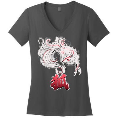 Japanese Kitsune Fox Brush Art Women's V-Neck T-Shirt