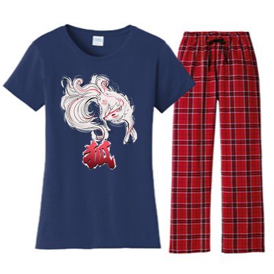 Japanese Kitsune Fox Brush Art Women's Flannel Pajama Set