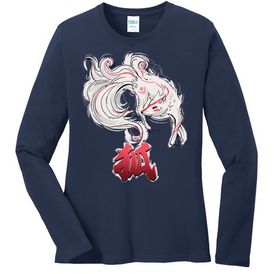 Japanese Kitsune Fox Brush Art Ladies Long Sleeve Shirt