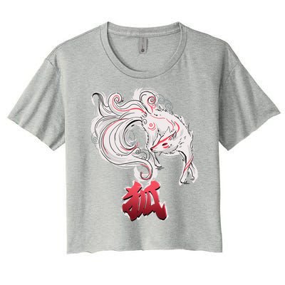 Japanese Kitsune Fox Brush Art Women's Crop Top Tee