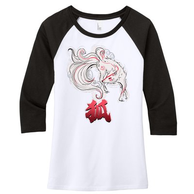 Japanese Kitsune Fox Brush Art Women's Tri-Blend 3/4-Sleeve Raglan Shirt