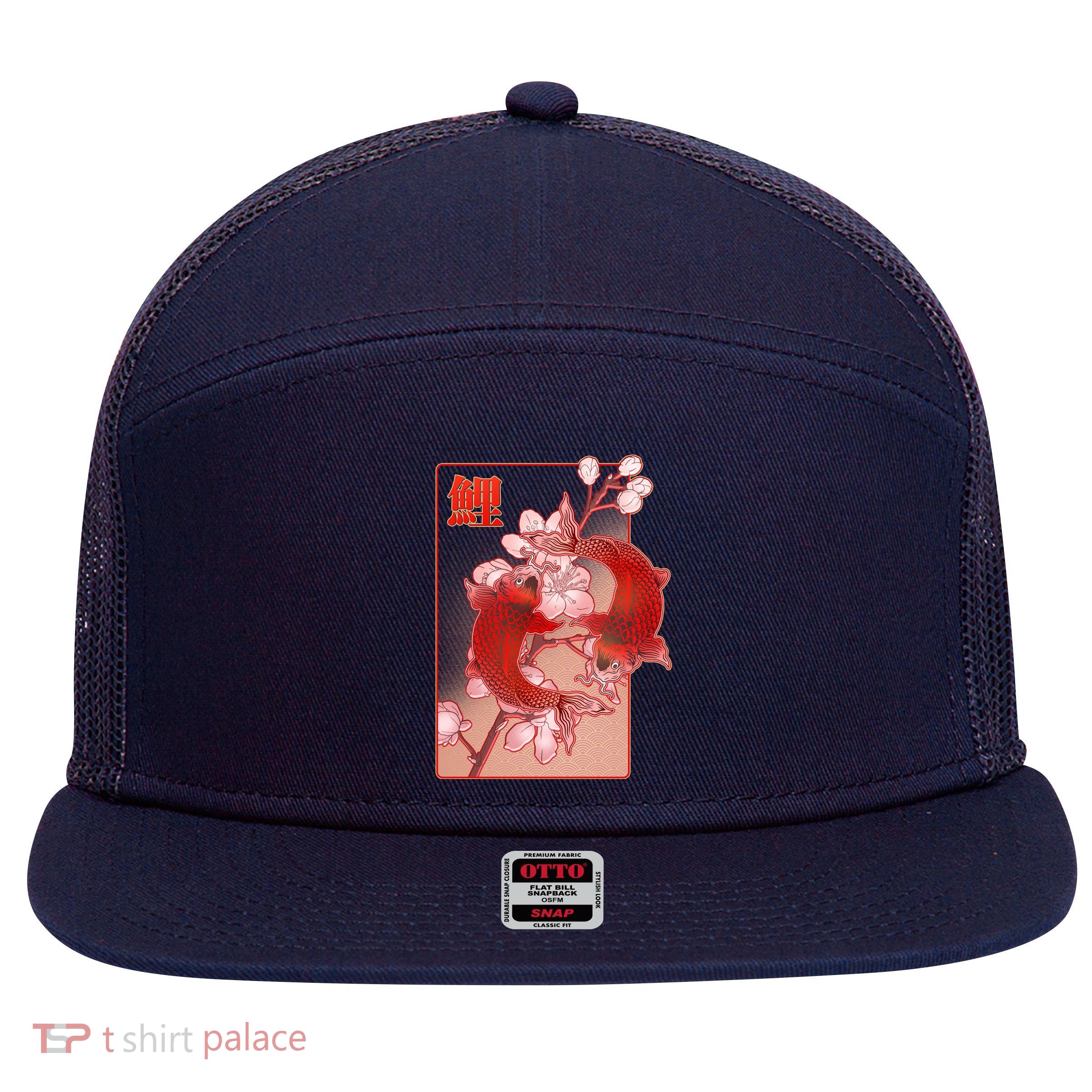 Japanese Koi Fish And Cherry Blossoms 7 Panel Mesh Trucker Snapback Hat