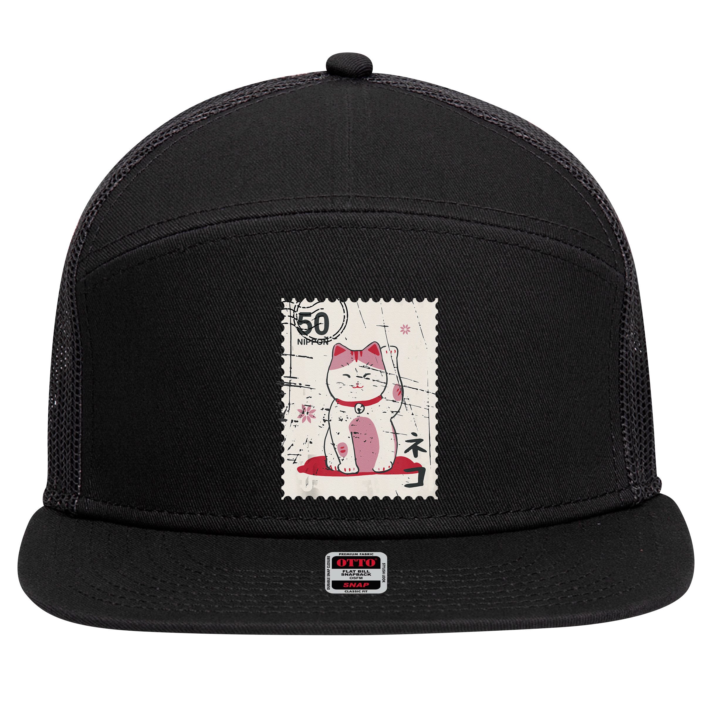 Japanese Kawaii Lucky Cat Stamp Art 7 Panel Mesh Trucker Snapback Hat
