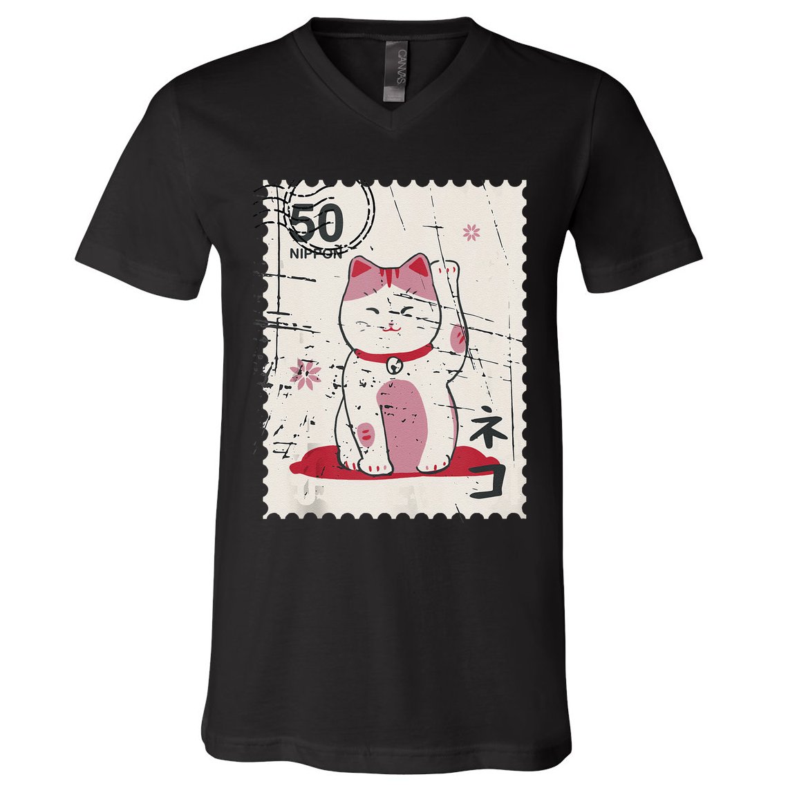 Japanese Kawaii Lucky Cat Stamp Art V-Neck T-Shirt