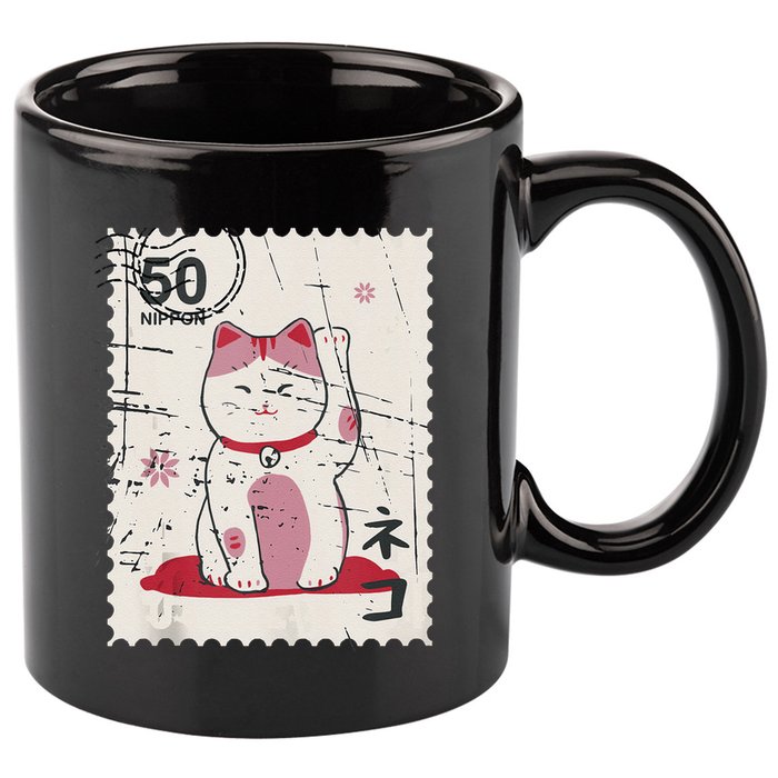 Japanese Kawaii Lucky Cat Stamp Art 11oz C Handle Ceramic Mug