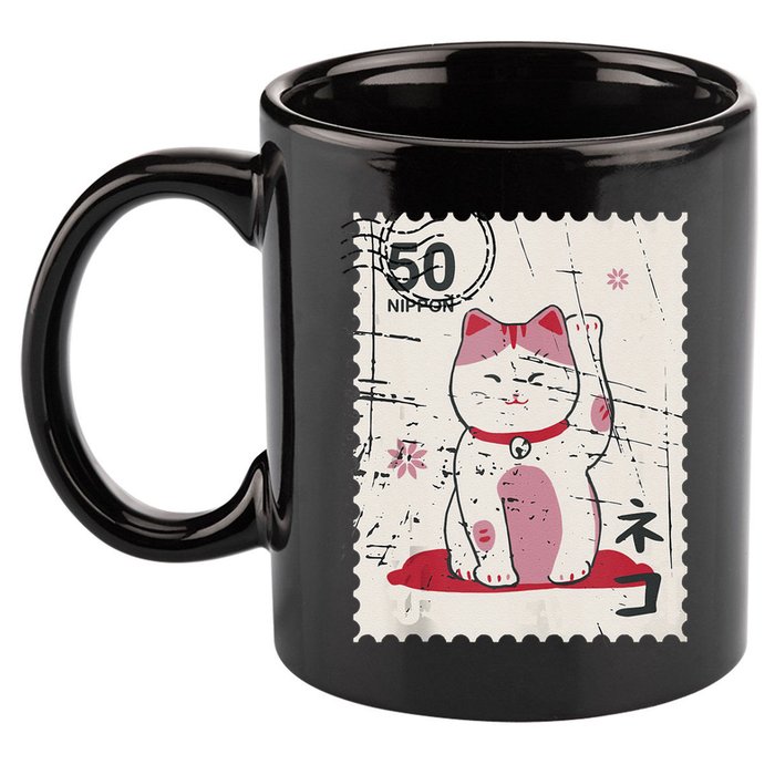 Japanese Kawaii Lucky Cat Stamp Art 11oz C Handle Ceramic Mug