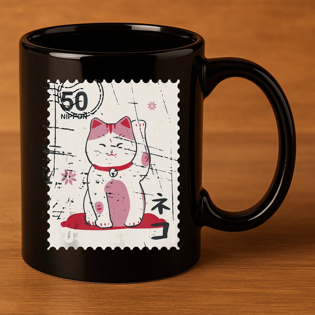 Japanese Kawaii Lucky Cat Stamp Art 11oz C Handle Ceramic Mug