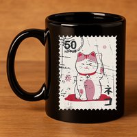 Japanese Kawaii Lucky Cat Stamp Art 11oz C Handle Ceramic Mug